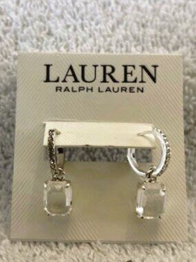 Ralph Lauren Pave Huggies clear stone drop hoop pierced earrings NWT
